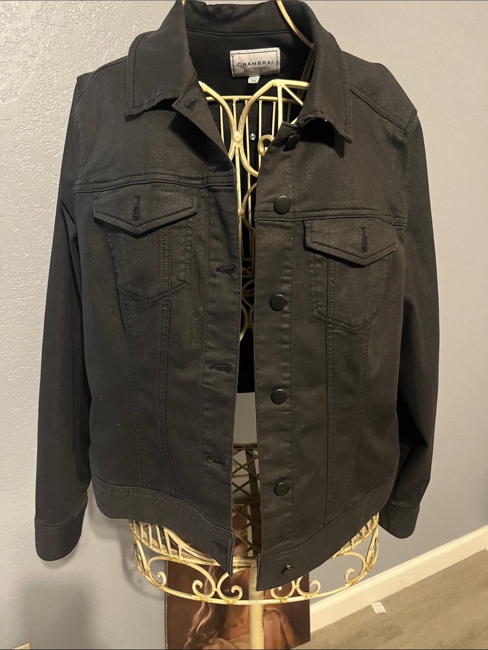 Chambray Black Womens Lightweight Button-Up Jacket